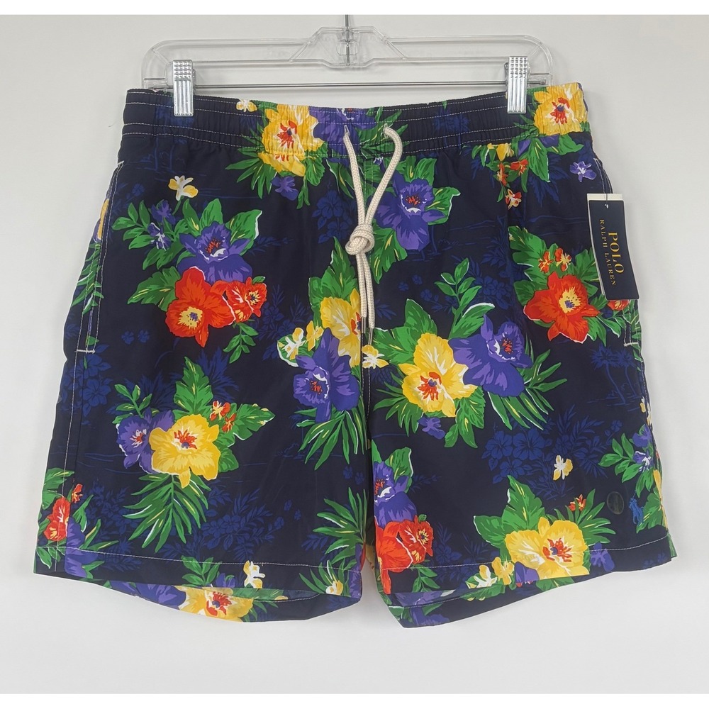 Polo Ralph Lauren Men M Floral Swim Trunks Navy Blue Tropical Hibiscus Short NEW
